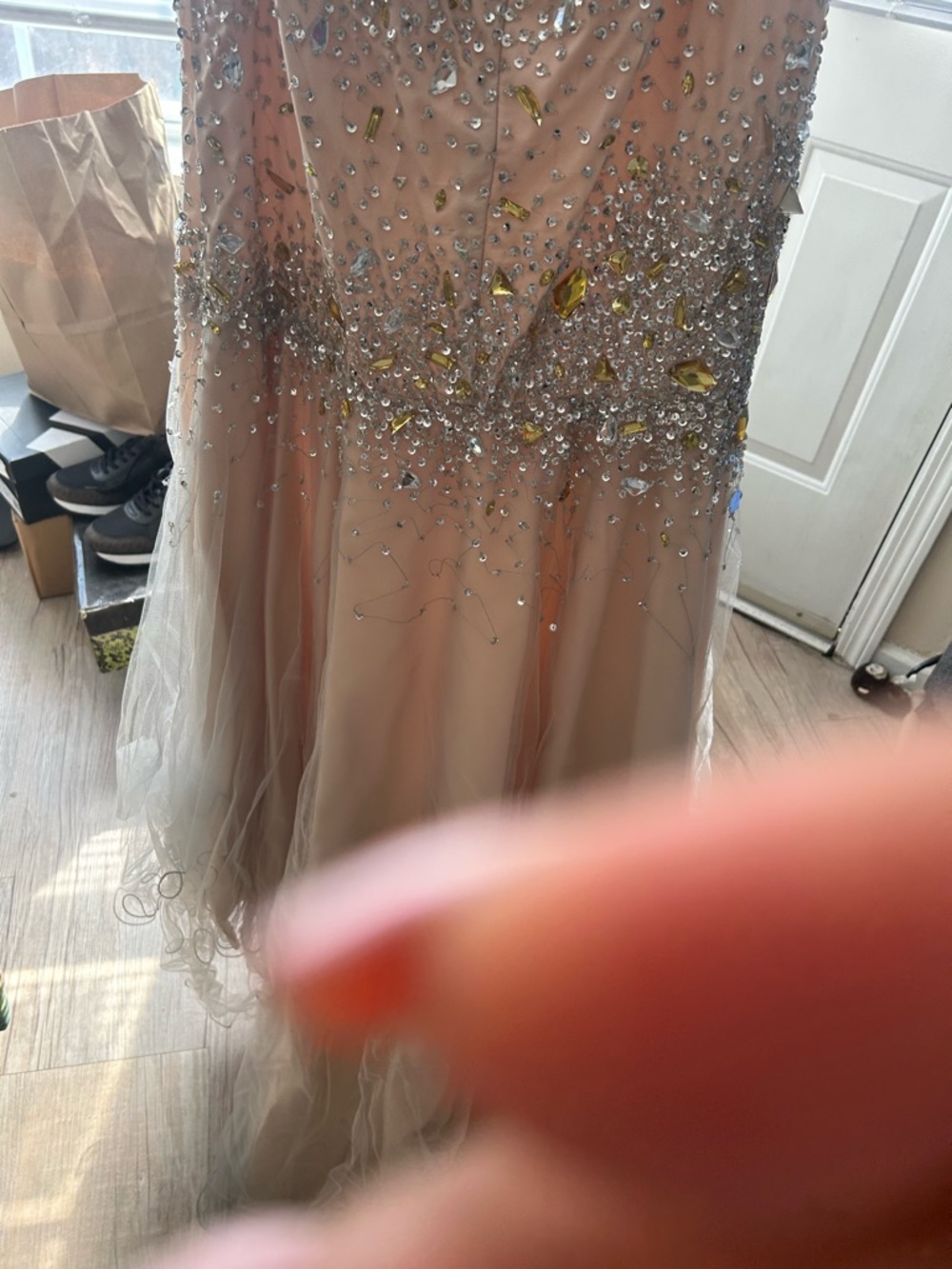 Terani Couture Peach Evening Dress with Gold Logo Tag - Picture 4 of 10